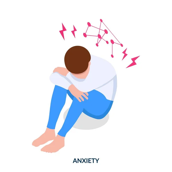 Szorongás Koncepció Egy Férfi Földön Karjával Térde Körül Aggódik Izometrikus — Stock Vector