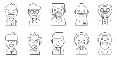 10 erkek portresi, farklı yaş ve statüde. Beyaz arkaplanda izole edilmiş ince çizgi simgesi