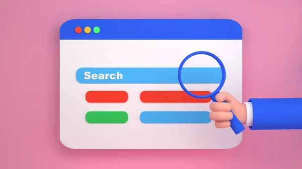 Internet  search or SEO concept. Website with cartoon human hand holding magnifier and icon of a search bar. 3d render illustration.