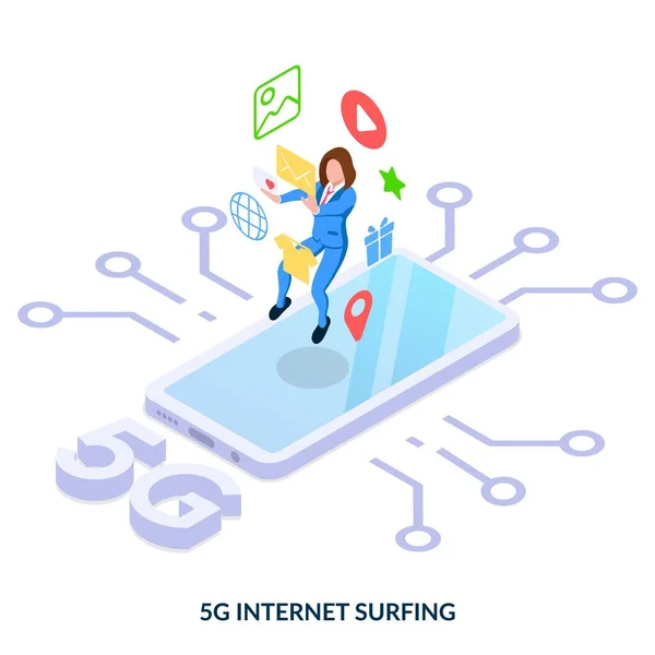 5G网络冲浪概念 白色背景上的等距插图 — 图库矢量图片