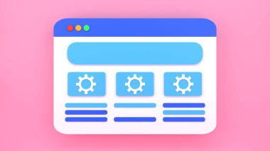 Web sitesi ayarları konsepti. Vites simgeleriyle dolu internet sayfası. 3d resimleme.