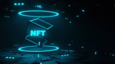 NFT konsepti. Soyut teknoloji arka planında karşılanabilir olmayan simge simgesi. 3d resimleme