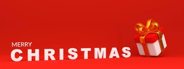 水平クリスマスバナー クリスマスのお祝いの背景にギフトボックスと弓 3Dレンダリング図 — ストック写真