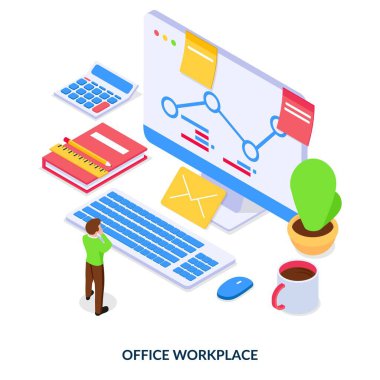 Ofis iş yeri konsepti. Beyaz arkaplanda Isometric vektör illüstrasyonu.