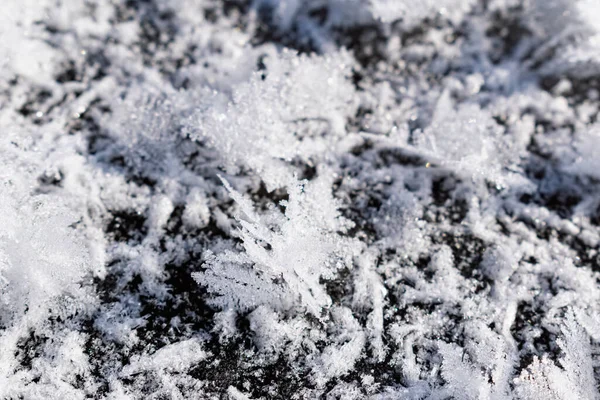 Havas Fehér Háttér Fagyos Kristályok Göndör Hópelyhek Közelkép Tél Egy — Stock Fotó