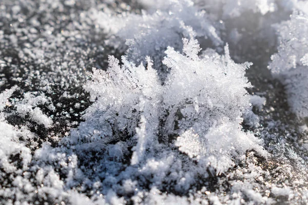 Fondo Blanco Nevado Con Cristales Helados Copos Nieve Rizados Cerca —  Fotos de Stock