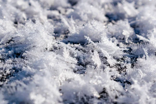 Fondo Blanco Nevado Con Cristales Helados Copos Nieve Rizados Cerca — Foto de Stock