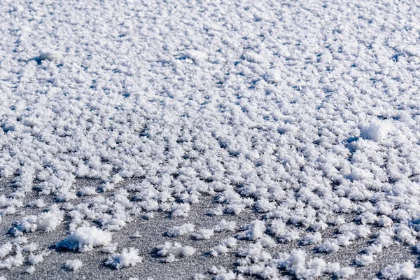 Fondo Blanco Nevado Con Cristales Helados Copos Nieve Rizados Cerca — Foto de Stock