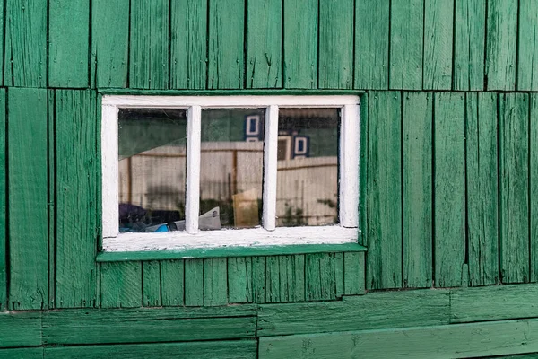 Old Wooden Small Window Frame Boards Painted White Thin Glass — Stock Photo, Image