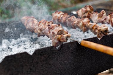Ağız sulandıran domuz şişleri, kızarmış altın hamurlu ve dumanlı. Bahçede kömürlü barbekü ve şişte pişmiş et.