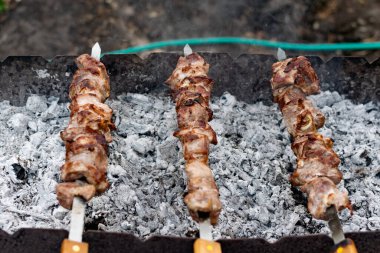 Ağız sulandıran domuz şişleri, kızarmış altın hamurlu ve dumanlı. Bahçede kömürlü barbekü ve şişte pişmiş et.