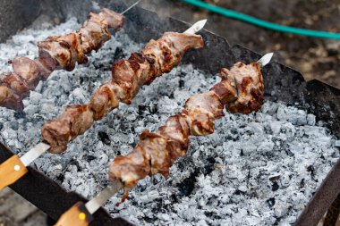 Ağız sulandıran domuz şişleri, kızarmış altın hamurlu ve dumanlı. Bahçede kömürlü barbekü ve şişte pişmiş et.