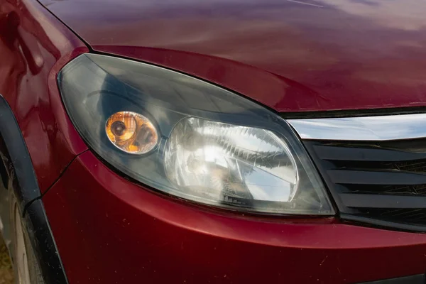 Grandes Faros Coche Cerca Iluminación Técnica Carreteras Día Noche Luces — Foto de Stock