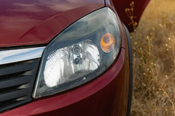 Grandes Faros Coche Cerca Iluminación Técnica Carreteras Día Noche Luces — Foto de Stock