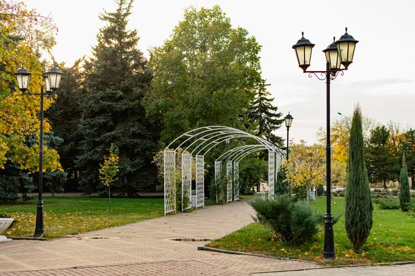 Paseo Parque Público Ciudad Hermoso Arco Metal Blanco Montón Vegetación — Foto de Stock