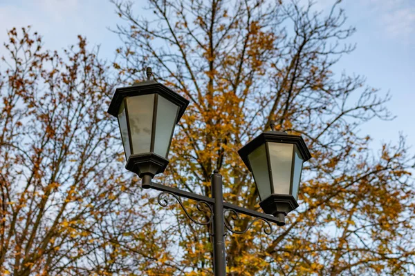 青空の下でシンプルな街路灯 電球と黒の金属フレームとほこりっぽい白いガラス — ストック写真