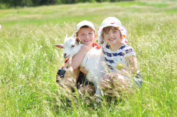 Happy children playing with baby goat outside — Stock Photo, Image