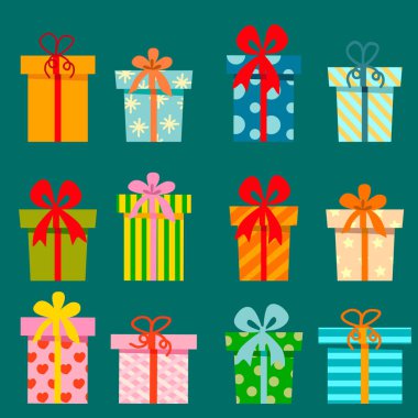 Düz dizayn ve çizgi filmle arka planda parlak tatil hediyeleri. Kartpostalların dekorasyonu için hediye kutuları, bayram, dekorasyon