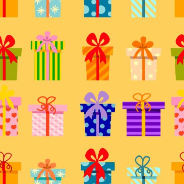 Düz dizayn ve çizgi filmdeki sarı arka planda kusursuz parlak bayram hediyeleri. Hediye paketleme, tatil, dekorasyon için desen