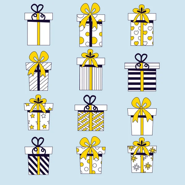 一套明亮的节日礼物背景在平面设计 明信片 装饰品的礼品盒 — 图库矢量图片