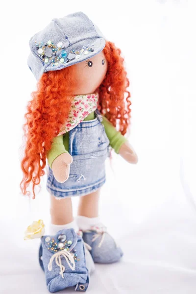 Red-haired doll handmade dressed in jeans — Stock Photo, Image