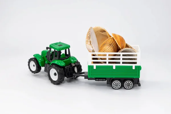 Juguete Tractor Verde Lleva Varias Conchas Marinas Remolque — Foto de Stock