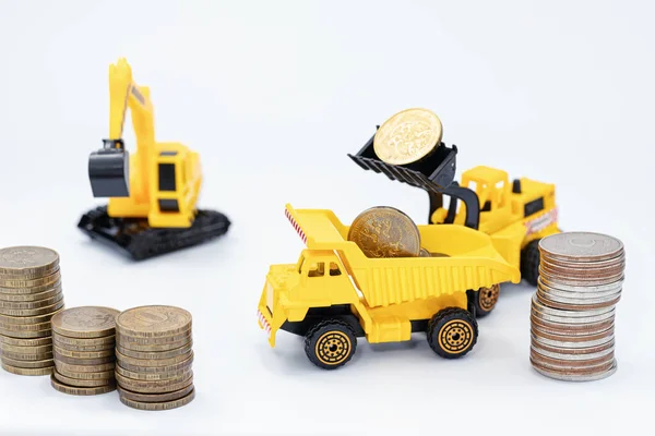 Toy Construction Bulldozer Loads Money Back Toy Truck — Stock Photo, Image