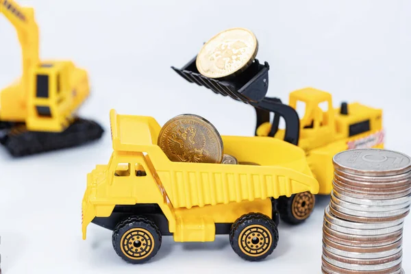 Toy Construction Bulldozer Loads Money Back Toy Truck — Stock Photo, Image