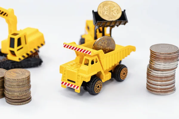 Toy Construction Bulldozer Loads Money Back Toy Truck — Stock Photo, Image