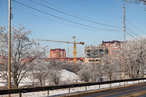 Construction Site Multi Storey Monolithic House Yellow Tower Crane — Stock Photo, Image