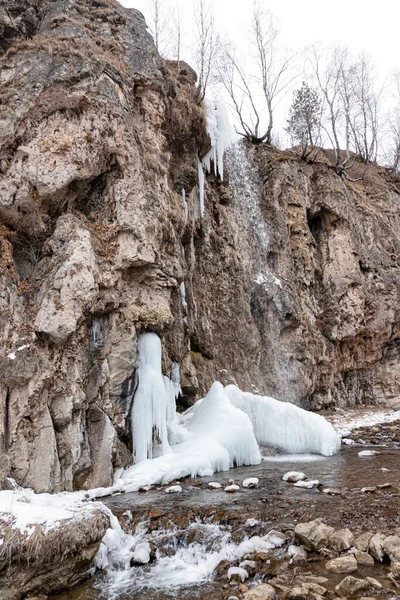 Waterfalls Which Completely Frozen Winter Flow Porous Rocks — Stock Photo, Image