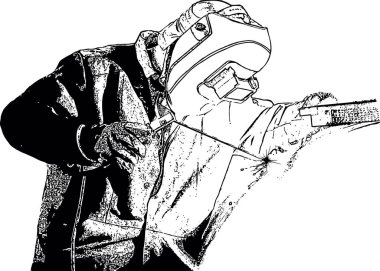 Tulumlu bir kaynakçının siyah ve beyaz vektör görüntüsü ve iş yerinde koruyucu bir maske.