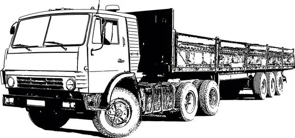 带拖车工业用卡车的矢量黑白图像 — 图库矢量图片