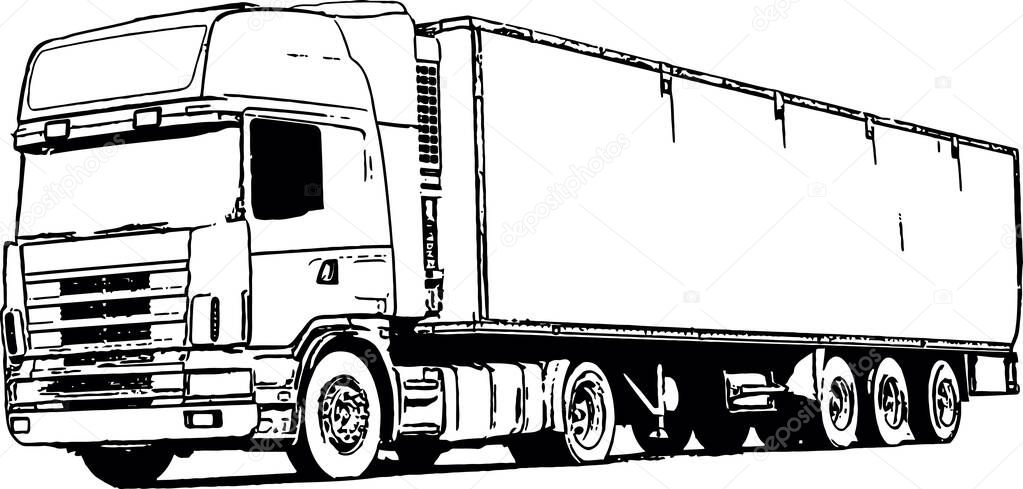 Vector black and white image of industrial truck with trailer for cargo transportation