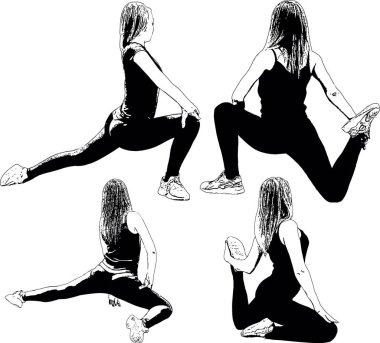 Atletik, ince kız kasları germek için egzersiz yapıyor. Siyah ve beyaz vektör kümesi