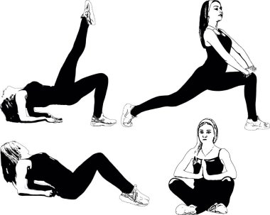 Atletik, ince kız kasları germek için egzersiz yapıyor. Siyah ve beyaz vektör kümesi