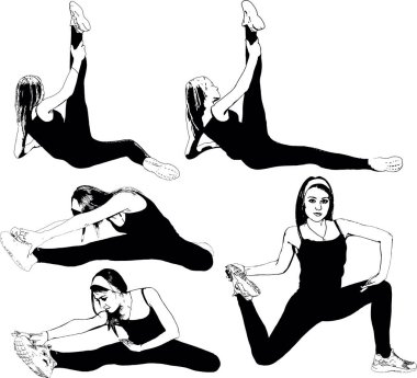Atletik, ince kız kasları germek için egzersiz yapıyor. Siyah ve beyaz vektör kümesi