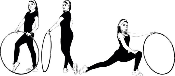 Athletic, fitness girl does exercises with a gymnastic hoop. Set of vector black and white images