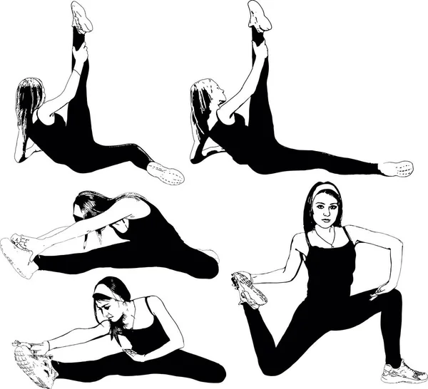 Atletik, ince kız kasları germek için egzersiz yapıyor. Siyah ve beyaz vektör kümesi