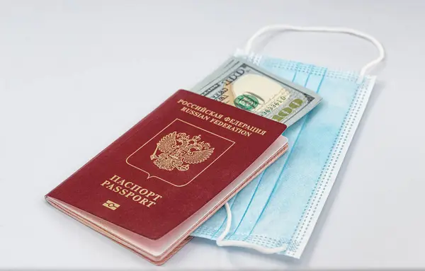 Protective Medical Masks Dollars Passport — Stock Photo, Image