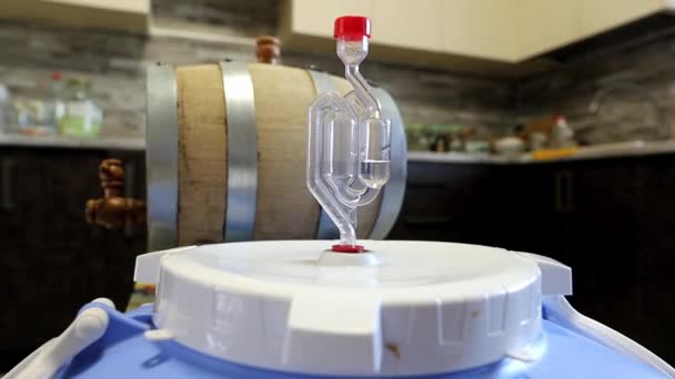 Fermentación activa del vino casero en recipientes de plástico en la cocina — Vídeo de stock