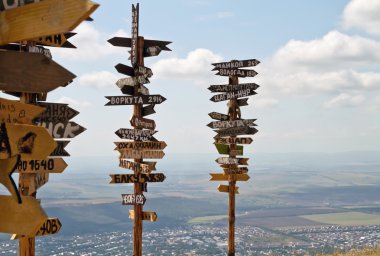 Farklı şehir ve turistik Mount Ma üstüne işaretçiler mesafeler