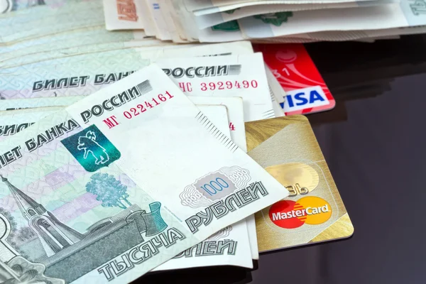 Visa and MasterCard are with a bunch of Russian money — Stok fotoğraf