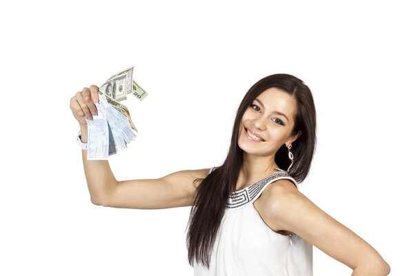 Beautiful dark-haired girl shows easy money