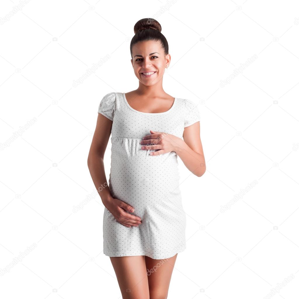 cute pregnant girl in white dress in polka dots