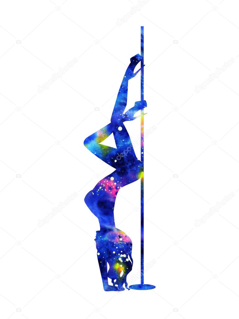 Colorfull silhouette of girl and pole on a white background. Pole dance illustration for striptease dancers, exotic. Clipart with texture watercolor space for design. Sexy women