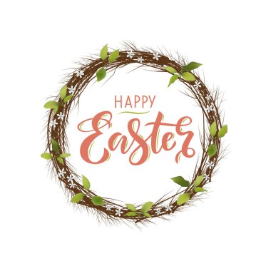 Dal ve çiçeklerden oluşan metin ve dekoratif kompozisyonu ve beyaz arka planda yapraklarla Paskalya bayrağınız kutlu olsun. Kart, davetiye, satış, internet, gönderi şablonu. Tebrik kartı modayı tasarımı