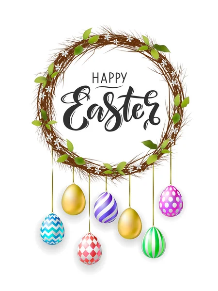 Feliz Bandera Pascua Con Texto Composición Decorativa Ramitas Huevos Pascua — Vector de stock