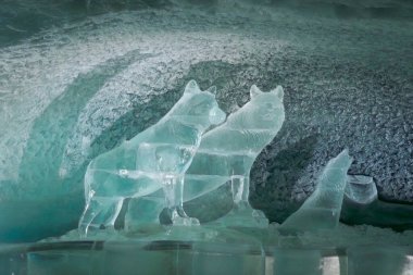 Buzul çevresi ve alp ortamı ile buzul cenneti Zermatt 'ta bir kurt ve insanın karmaşık buz heykeli sergilendi..