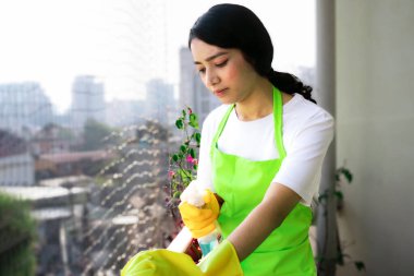 Modern ofis çalışma alanını sterilize eden profesyonel kadın temizleyici, temiz, hijyenik ve üretken bir iş ortamı sağlamak için masaları ve ekipmanları siliyor.